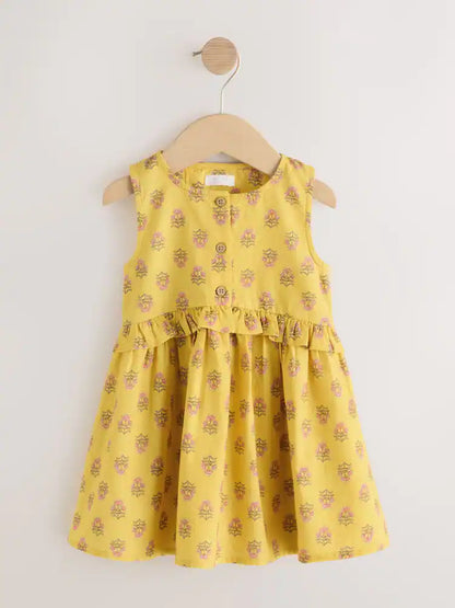 |Girl| Vestido Peplum Sem Mangas Com Estampa Xilogravura Amarela (3 meses a 8 anos)