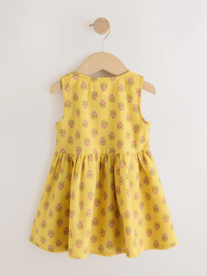 |Girl| Vestido Peplum Sem Mangas Com Estampa Xilogravura Amarela (3 meses a 8 anos)