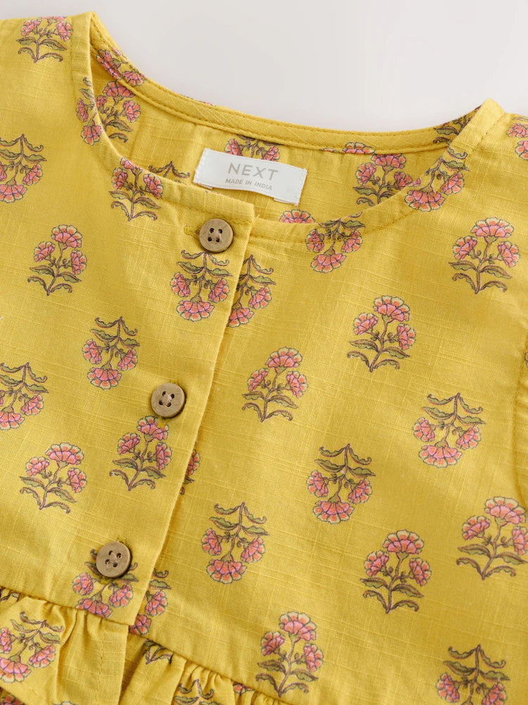 |Girl| Vestido Peplum Sem Mangas Com Estampa Xilogravura Amarela (3 meses a 8 anos)