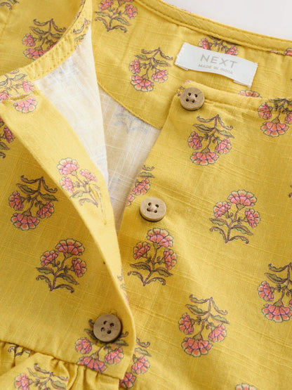 |Girl| Vestido Peplum Sem Mangas Com Estampa Xilogravura Amarela (3 meses a 8 anos)