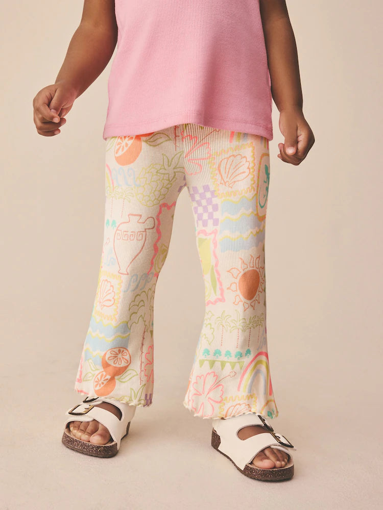 |Girl| Calça Legging Flare Canelada Em Tom Cru Com Detalhes Em Arco-íris (3 meses a 7 anos)