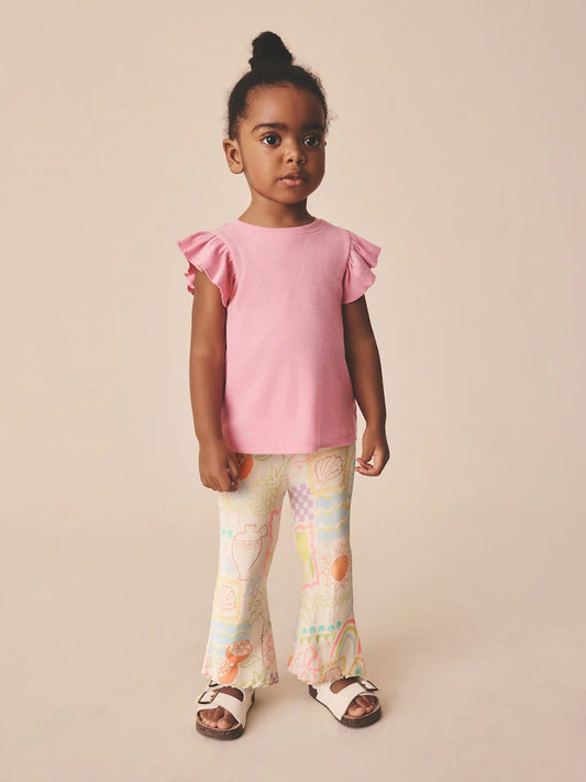 |Girl| Calça Legging Flare Canelada Em Tom Cru Com Detalhes Em Arco-íris (3 meses a 7 anos)