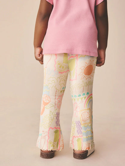 |Girl| Calça Legging Flare Canelada Em Tom Cru Com Detalhes Em Arco-íris (3 meses a 7 anos)