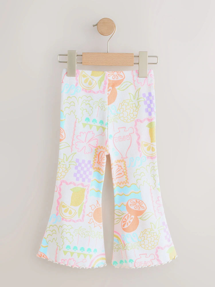 |Girl| Calça Legging Flare Canelada Em Tom Cru Com Detalhes Em Arco-íris (3 meses a 7 anos)