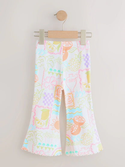 |Girl| Calça Legging Flare Canelada Em Tom Cru Com Detalhes Em Arco-íris (3 meses a 7 anos)