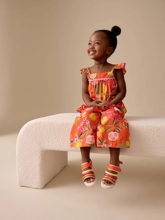 |Girl| Conjunto Coordenado De Blusa e Calça Laranja Tropical (3 meses a 8 anos)