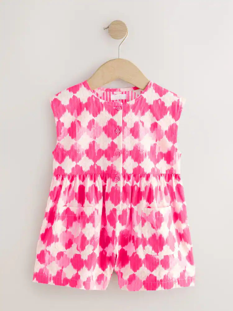 |Girl| Macacão Curto Sem Mangas Com Estampa Xadrez Rosa Neon (3 meses a 7 anos)