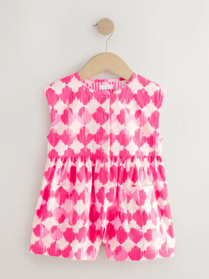 |Girl| Macacão Curto Sem Mangas Com Estampa Xadrez Rosa Neon (3 meses a 7 anos)