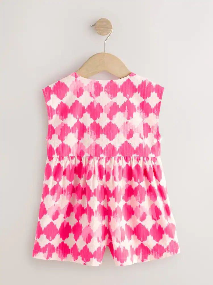 |Girl| Macacão Curto Sem Mangas Com Estampa Xadrez Rosa Neon (3 meses a 7 anos)
