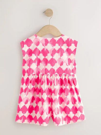 |Girl| Macacão Curto Sem Mangas Com Estampa Xadrez Rosa Neon (3 meses a 7 anos)