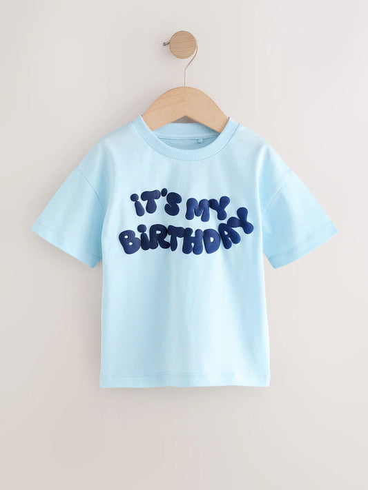 |Boy| Camiseta Azul De Aniversário Com Estampa Gráfica De Manga Curta (3 meses a 8 anos)