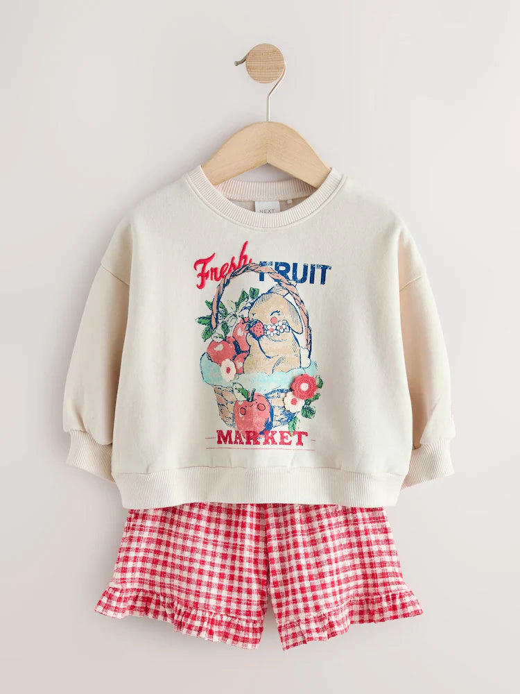 |Girl| Conjunto De Moletom Gola Redonda e Shorts Com Estampa Xadrez Creme e Frutas (3 meses a 7 anos)
