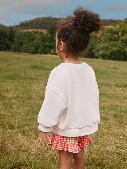 |Girl| Conjunto De Moletom Gola Redonda e Shorts Com Estampa Xadrez Creme e Frutas (3 meses a 7 anos)