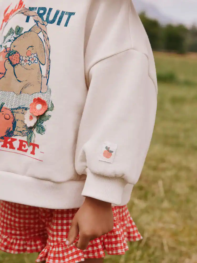 |Girl| Conjunto De Moletom Gola Redonda e Shorts Com Estampa Xadrez Creme e Frutas (3 meses a 7 anos)