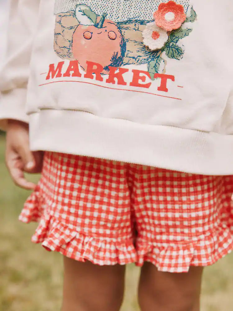|Girl| Conjunto De Moletom Gola Redonda e Shorts Com Estampa Xadrez Creme e Frutas (3 meses a 7 anos)