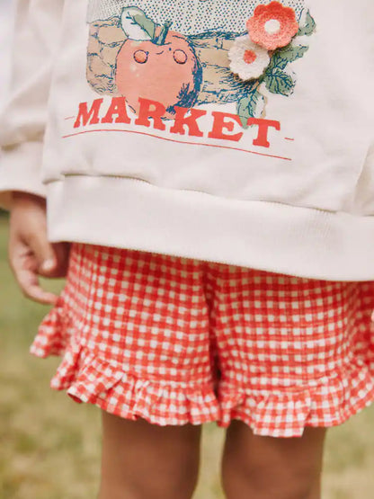 |Girl| Conjunto De Moletom Gola Redonda e Shorts Com Estampa Xadrez Creme e Frutas (3 meses a 7 anos)