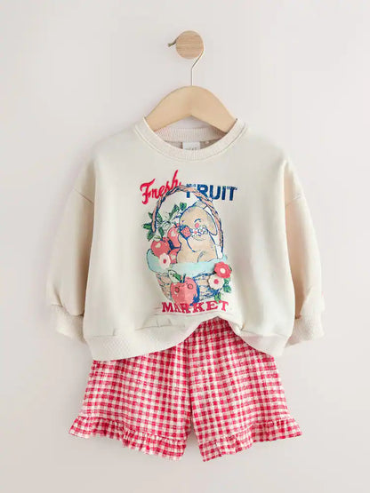 |Girl| Conjunto De Moletom Gola Redonda e Shorts Com Estampa Xadrez Creme e Frutas (3 meses a 7 anos)