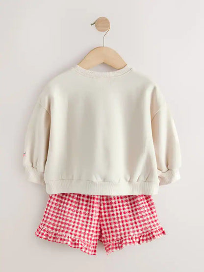 |Girl| Conjunto De Moletom Gola Redonda e Shorts Com Estampa Xadrez Creme e Frutas (3 meses a 7 anos)