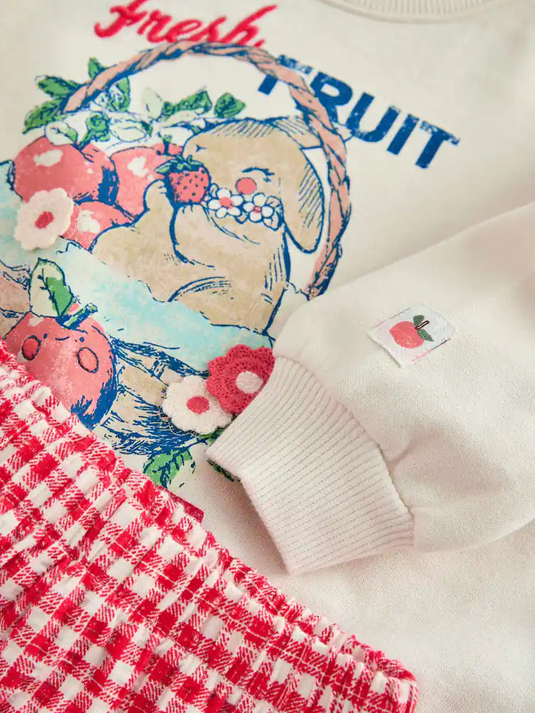 |Girl| Conjunto De Moletom Gola Redonda e Shorts Com Estampa Xadrez Creme e Frutas (3 meses a 7 anos)