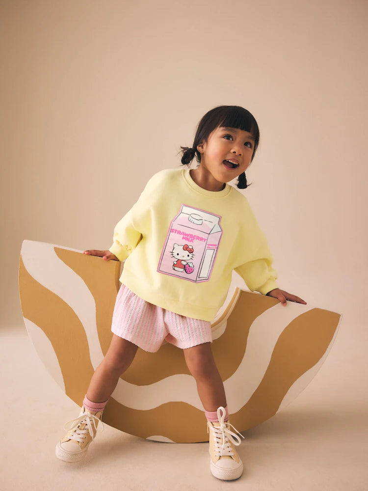 |Girl| Conjunto De Moletom Hello Kitty Amarelo Com Gola Redonda e Shorts (3 meses a 7 anos)