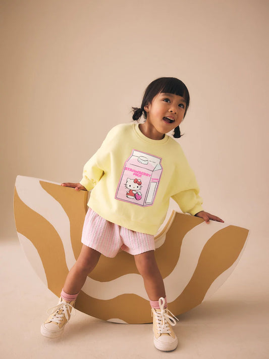 |Girl| Conjunto De Moletom Hello Kitty Amarelo Com Gola Redonda e Shorts (3 meses a 7 anos)
