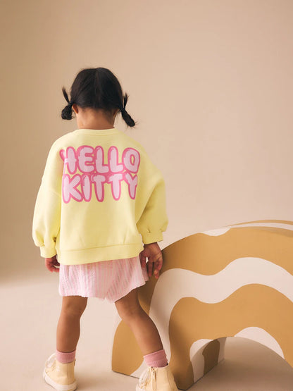 |Girl| Conjunto De Moletom Hello Kitty Amarelo Com Gola Redonda e Shorts (3 meses a 7 anos)