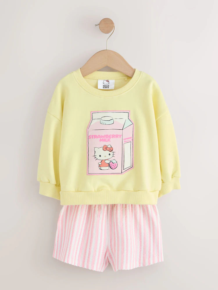 |Girl| Conjunto De Moletom Hello Kitty Amarelo Com Gola Redonda e Shorts (3 meses a 7 anos)