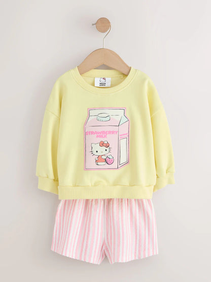 |Girl| Conjunto De Moletom Hello Kitty Amarelo Com Gola Redonda e Shorts (3 meses a 7 anos)