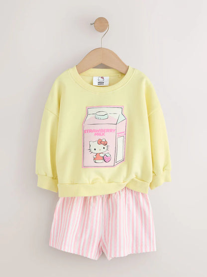|Girl| Conjunto De Moletom Hello Kitty Amarelo Com Gola Redonda e Shorts (3 meses a 7 anos)