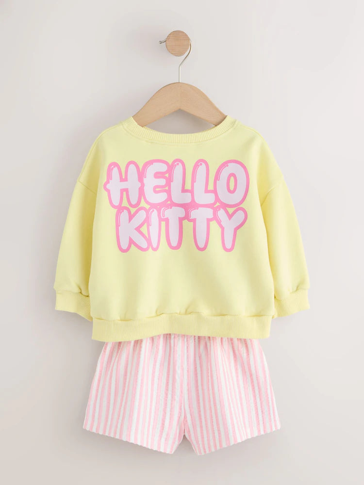 |Girl| Conjunto De Moletom Hello Kitty Amarelo Com Gola Redonda e Shorts (3 meses a 7 anos)
