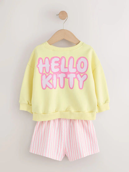 |Girl| Conjunto De Moletom Hello Kitty Amarelo Com Gola Redonda e Shorts (3 meses a 7 anos)