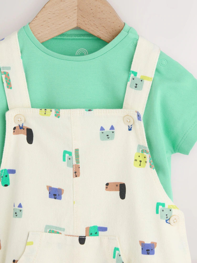 |BabyBoy| Conjunto De Jardineira e Body De Sarja Com Estampa De Cachorros Verdes Para Bebês (0 meses a 2 anos)