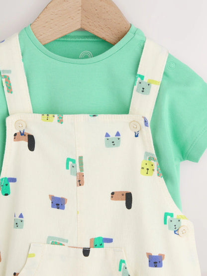 |BabyBoy| Conjunto De Jardineira e Body De Sarja Com Estampa De Cachorros Verdes Para Bebês (0 meses a 2 anos)