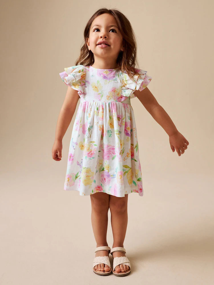 |Girl| Vestido Lilás Floral De Linho Com Mangas Franzidas (3 meses a 8 anos)