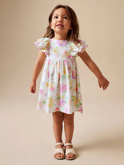 |Girl| Vestido Lilás Floral De Linho Com Mangas Franzidas (3 meses a 8 anos)