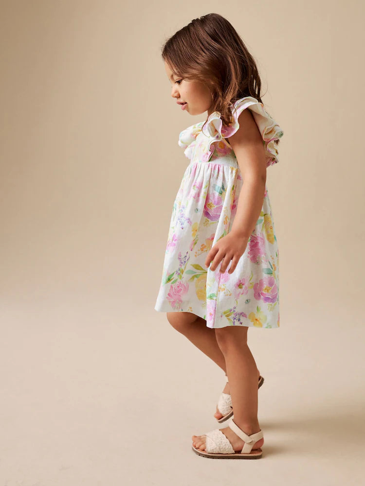 |Girl| Vestido Lilás Floral De Linho Com Mangas Franzidas (3 meses a 8 anos)