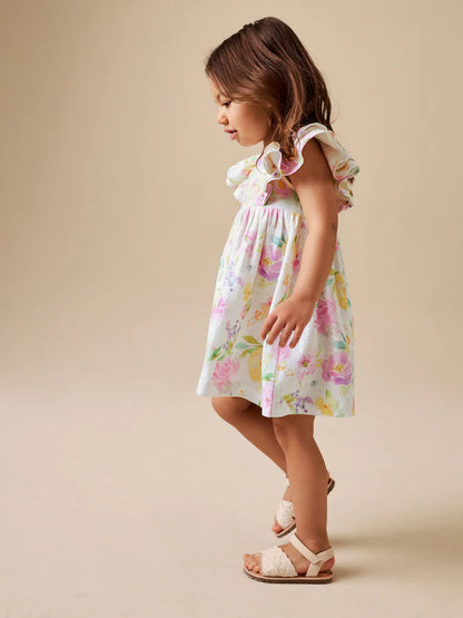 |Girl| Vestido Lilás Floral De Linho Com Mangas Franzidas (3 meses a 8 anos)