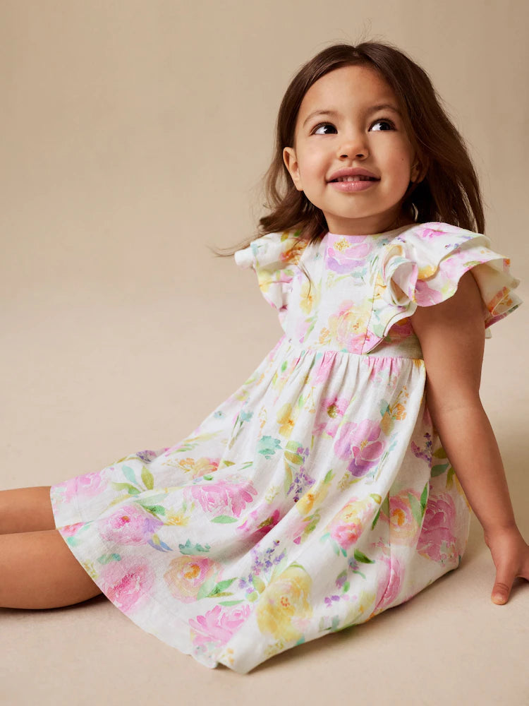 |Girl| Vestido Lilás Floral De Linho Com Mangas Franzidas (3 meses a 8 anos)