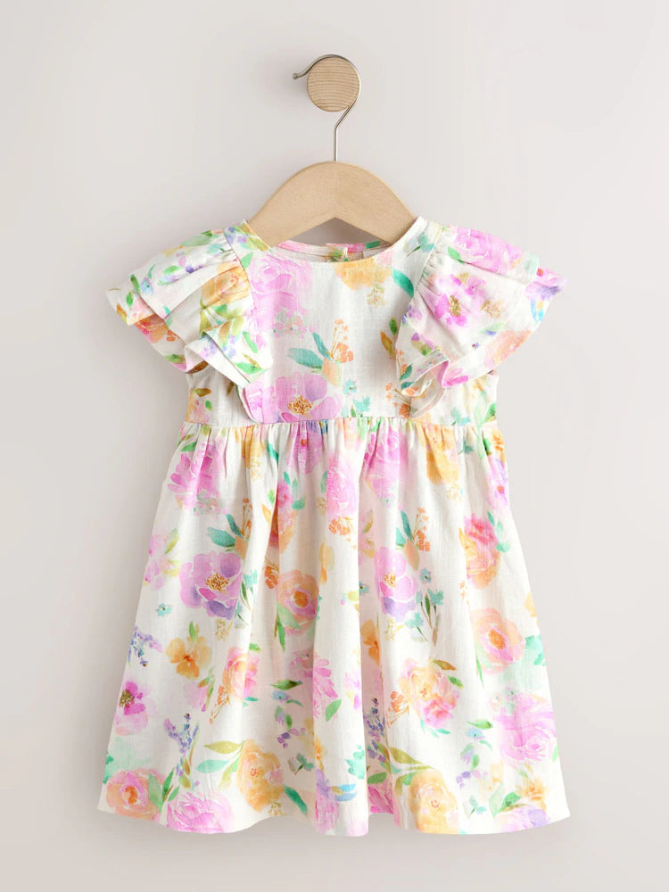 |Girl| Vestido Lilás Floral De Linho Com Mangas Franzidas (3 meses a 8 anos)