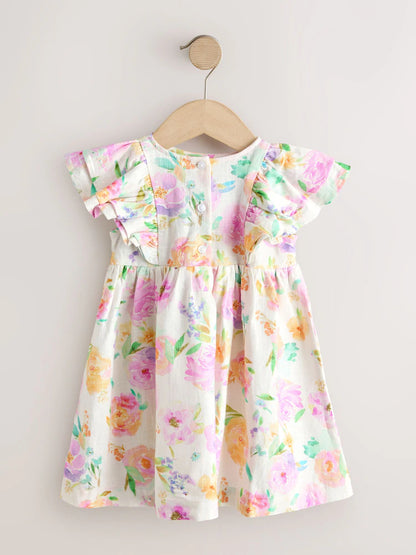 |Girl| Vestido Lilás Floral De Linho Com Mangas Franzidas (3 meses a 8 anos)