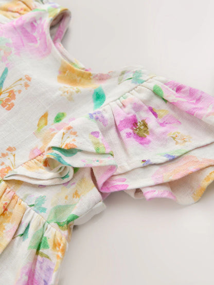 |Girl| Vestido Lilás Floral De Linho Com Mangas Franzidas (3 meses a 8 anos)