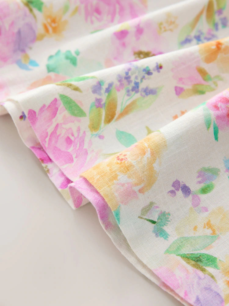 |Girl| Vestido Lilás Floral De Linho Com Mangas Franzidas (3 meses a 8 anos)