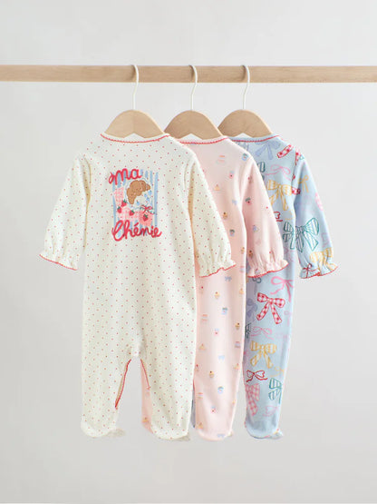 |BabyGirl| Kit Com 3 Macacões Para Bebé (Azul/Rosa) – 0 Meses Aos 2 Anos