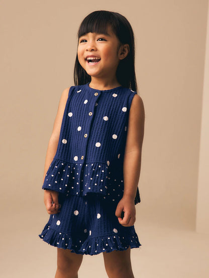 |Girl| Conjunto De Regata Peplum e Shorts Azul-Marinho Com Estampa De Bolinhas (3 meses a 7 anos)