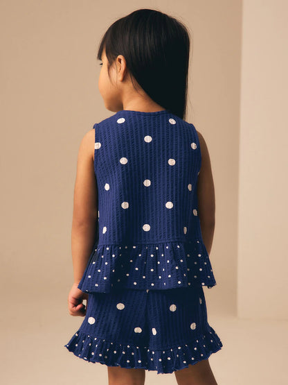 |Girl| Conjunto De Regata Peplum e Shorts Azul-Marinho Com Estampa De Bolinhas (3 meses a 7 anos)