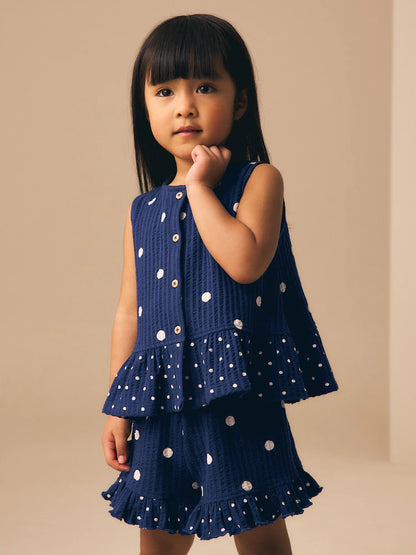 |Girl| Conjunto De Regata Peplum e Shorts Azul-Marinho Com Estampa De Bolinhas (3 meses a 7 anos)