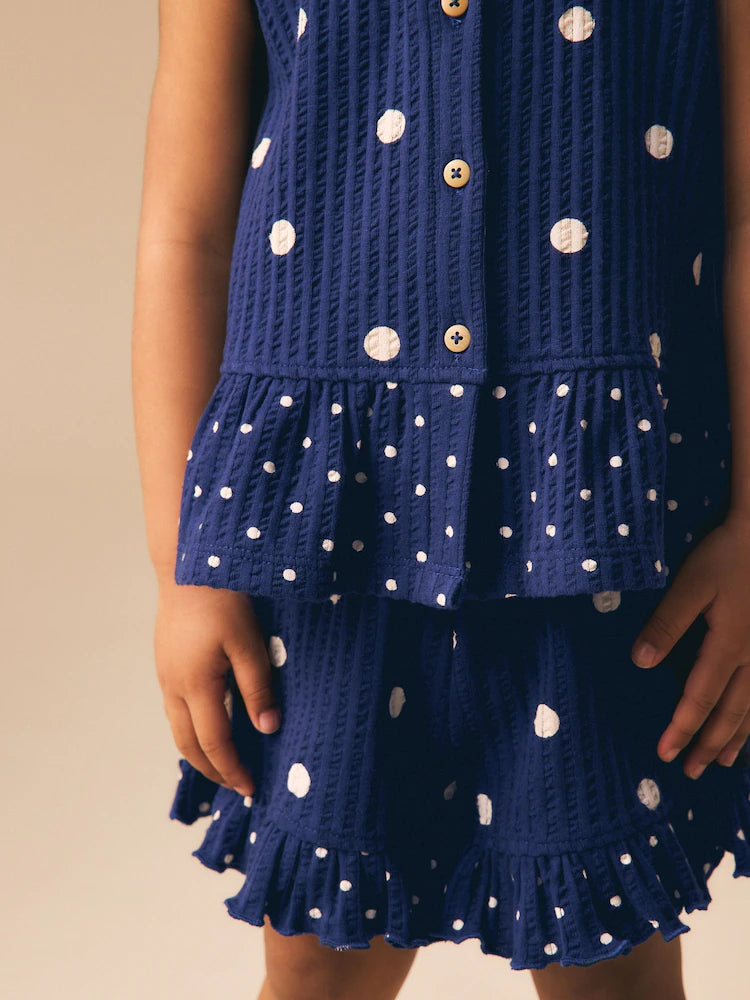 |Girl| Conjunto De Regata Peplum e Shorts Azul-Marinho Com Estampa De Bolinhas (3 meses a 7 anos)