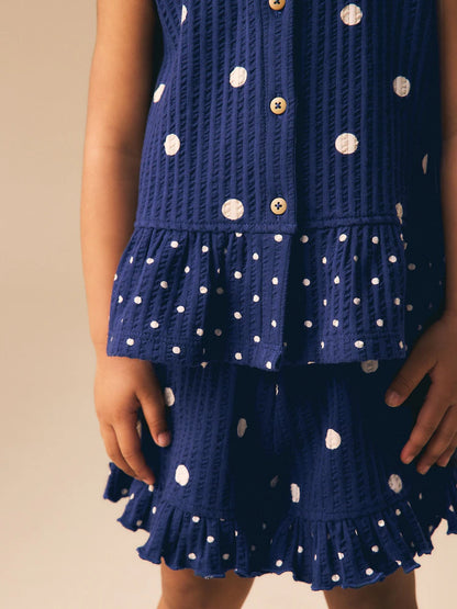 |Girl| Conjunto De Regata Peplum e Shorts Azul-Marinho Com Estampa De Bolinhas (3 meses a 7 anos)