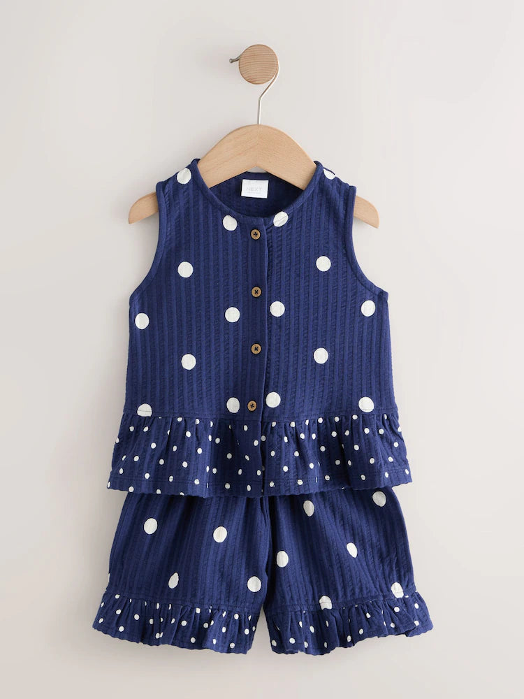 |Girl| Conjunto De Regata Peplum e Shorts Azul-Marinho Com Estampa De Bolinhas (3 meses a 7 anos)