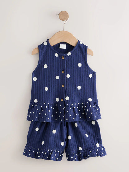 |Girl| Conjunto De Regata Peplum e Shorts Azul-Marinho Com Estampa De Bolinhas (3 meses a 7 anos)